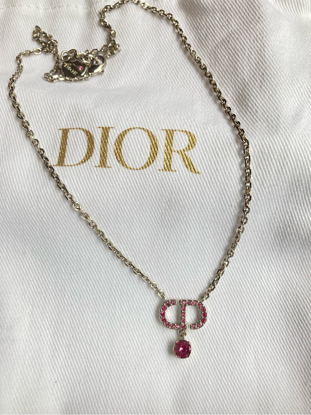 Dior Silver-Tone Necklace with Pink Crystal Logo Drop - Picture 4 of 5